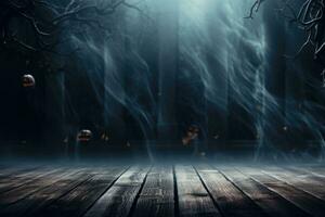 spaventoso Halloween sfondo con vuoto di legno tavole e zucche, buio orrore sfondo. ai generato foto