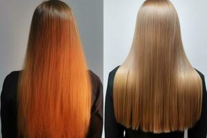 donna prima e dopo capelli trattamento. malato, tagliare e salutare capelli cura raddrizzamento. generativo ai foto