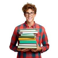 contento alunno ragazzo con libri isolato foto