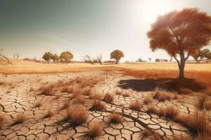 asciutto erboso prato con lussureggiante alberi e crepe su terra che rappresentano concetto di siccità nel deserto. generativo ai foto