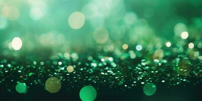 bokeh sfondo nel verde nel il stile di coriandoli piace punti. luccichio e diamante polvere. ai generato foto