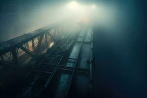 il nebbioso ponte con un' strada leggero su il lato. il notte ponte coperto nel il nebbia. generativo ai foto