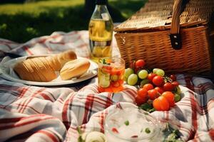 vicino su di cibo, bevande e picnic cestino su coperta su erba a estate parco. generativo ai foto