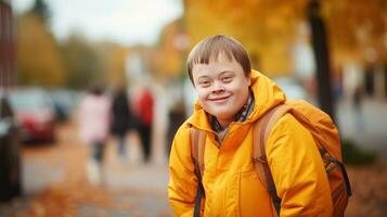 ragazzo con giù sindrome va per scuola foto