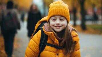 ragazza con giù sindrome va per scuola foto