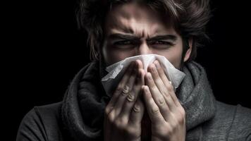 ai generativo malato a opera giovane uomo avuto influenza allergia starnuti soffiaggio asciugandosi in esecuzione naso nel fazzoletto di carta allergico tipo catturato freddo a lavoro seduta a casa ufficio posto di lavoro avendo respiratorio malattia malato leav foto