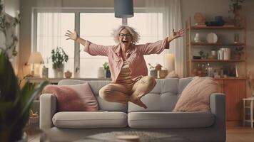 ai generativo felicissimo maturo nonna in piedi con disteso braccia vicino confortevole divano respirazione fresco aria godendo la libertà contento vita momento sorridente più vecchio donna sensazione grato per foto