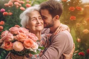 ai generativo ritratto di grato adulto uomo abbraccio sorridente di mezza età madre mostrare amore e cura grato contento crescere figlio nel abbraccio anziano 70s mamma godere fine settimana famiglia tempo a casa insieme bonding co foto