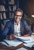 ai generativo soddisfatto sorridente attività commerciale uomo fare lavoro d'ufficio a casa posto di lavoro imprenditore lettura finanziario rapporti lettura documenti inquilino fabbricazione pagamento per affitto rivedere fatture banca mutuo foto