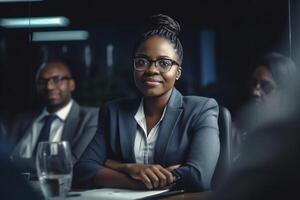 ai generativo grave giovane africano americano donna d'affari parlando con femmina capo nel sala del consiglio a incontro fiducioso diverso mentore con bicchieri presentazione nuovo attività commerciale concetto con donna col foto