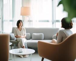 ai generativo donna sedersi su divano nel vivente camera Guarda a Camera parlare di video chiamata con amico parenti testa tiro passaggio lavoro colloquio segreteria domande lontano Chiacchierare con verificata psichiatra o psy foto