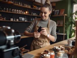 ai generativo donna indossare grembiule nel bar Tenere webcam Guarda a telecamera Sorridi di partenza buongustaio cucinando classe seminario web rendere mostrare telling culinario segreti Condividere Esperienza proprio ristorante attività commerciale con fo foto