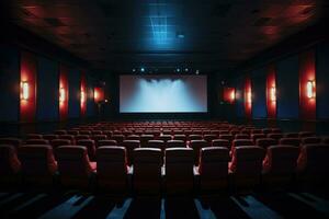vuoto moderno film Teatro interno con schermo e sedili. generativo ai foto