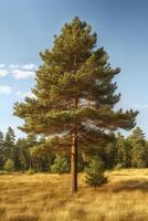 ai generativo pino albero contro un' chiaro blu cielo su un' soleggiato giorno Basso visualizzazione angolo il conifera è illuminato di luce del sole caldo soleggiato giorno nel un' pino foresta foto