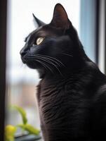 ai generativo ritratto di un' nero gatto nel profilo un' nero gatto si siede su un' bianca finestra e sembra giù foto