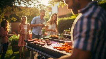 giovane famiglia è grigliate a il barbecue foto