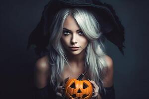 bellissimo donna indossare Halloween costume con zucca fatto con generativo ai foto