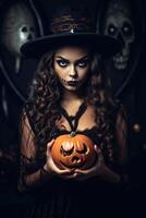bellissimo donna indossare Halloween costume con zucca fatto con generativo ai foto