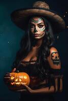 bellissimo donna indossare Halloween costume con zucca fatto con generativo ai foto