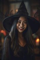 bellissimo donna indossare Halloween costume fatto con generativo ai foto