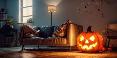 illustrazione Jack o lanterne nel vivente camera con divano e lampada fatto con generativo ai foto