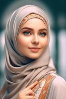 ritratto bellissimo donna indossare hijab con leggero esposizione fatto con generativo ai foto