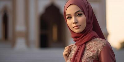 ritratto bellissimo donna indossare hijab con leggero esposizione fatto con generativo ai foto