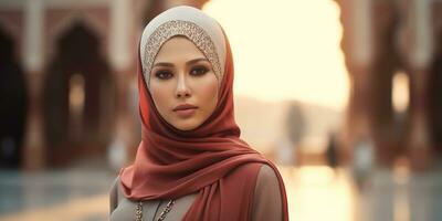 ritratto bellissimo donna indossare hijab con leggero esposizione fatto con generativo ai foto