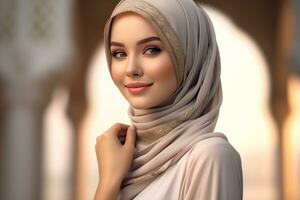 ritratto bellissimo donna indossare hijab con leggero esposizione fatto con generativo ai foto