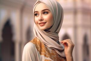 ritratto bellissimo donna indossare hijab con leggero esposizione fatto con generativo ai foto