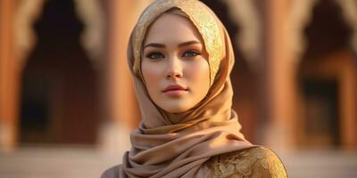 ritratto bellissimo donna indossare hijab con leggero esposizione fatto con generativo ai foto