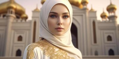 ritratto bellissimo donna indossare hijab con leggero esposizione fatto con generativo ai foto