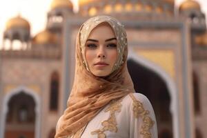 ritratto bellissimo donna indossare hijab con leggero esposizione fatto con generativo ai foto