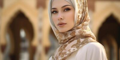 ritratto bellissimo donna indossare hijab con leggero esposizione fatto con generativo ai foto