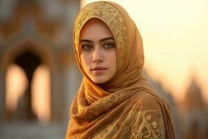 ritratto bellissimo donna indossare hijab con leggero esposizione fatto con generativo ai foto