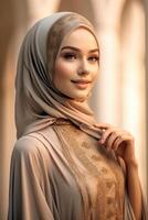 ritratto bellissimo donna indossare hijab con leggero esposizione fatto con generativo ai foto