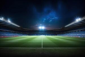 un' tiro di un' calcio stadio con luci fatto con generativo ai foto