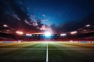 un' tiro di un' calcio stadio con luci fatto con generativo ai foto