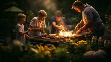 giovane famiglia è grigliate a il barbecue foto