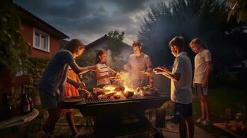 giovane famiglia è grigliate a il barbecue foto