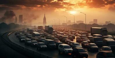 auto corsa ore città strada. macchine su autostrada nel traffico marmellata. creato con generativo ai tecnologia. foto