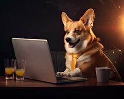 carino corgi cane guardare a il computer portatile nel bicchieri su giallo sfondo. creato con generativo ai tecnologia. foto