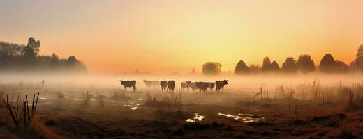 panorama di pascolo mucche nel un' prato con erba coperto con Guazza e mattina nebbia, e nel il sfondo il Alba nel un' piccolo foschia. creato con generativo ai tecnologia. foto