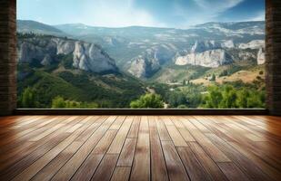 balcone Visualizza di montagne. paesaggio. soleggiato giorno. terrazza con un' bellissimo Visualizza. sfondo con bellissimo paesaggio. creato con generativo ai tecnologia. foto