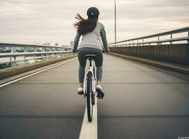 giovane sport donna equitazione bicicletta nel il sera nel pubblico parco. bellissimo atleta in forma e azienda ragazza nel abbigliamento sportivo indossare casco, esercizio di Ciclismo allenamento. creato con generativo ai tecnologia. foto