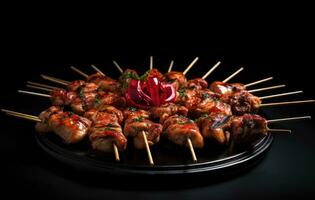 kebab - grigliato carne spiedini, shish kebab con verdure su nero di legno sfondo. creato con generativo ai tecnologia. foto