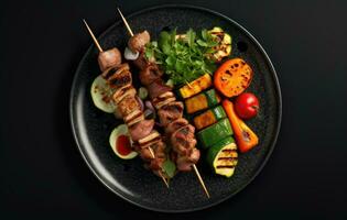 kebab - grigliato carne spiedini, shish kebab con verdure su nero di legno sfondo. creato con generativo ai tecnologia. foto