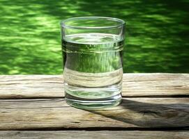 acqua a partire dal brocca scrosciante in bicchiere su di legno tavolo all'aperto. creato con generativo ai tecnologia. foto