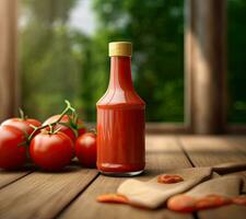 vicino su di ketchup e pomodori posto su un' di legno sfondo. notizia in anticipo ketchup con un' cucchiaio. creato con generativo ai tecnologia. foto