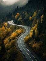 buio nebbioso giorno con vuoto avvolgimento montagna strada. creato con generativo ai tecnologia. foto